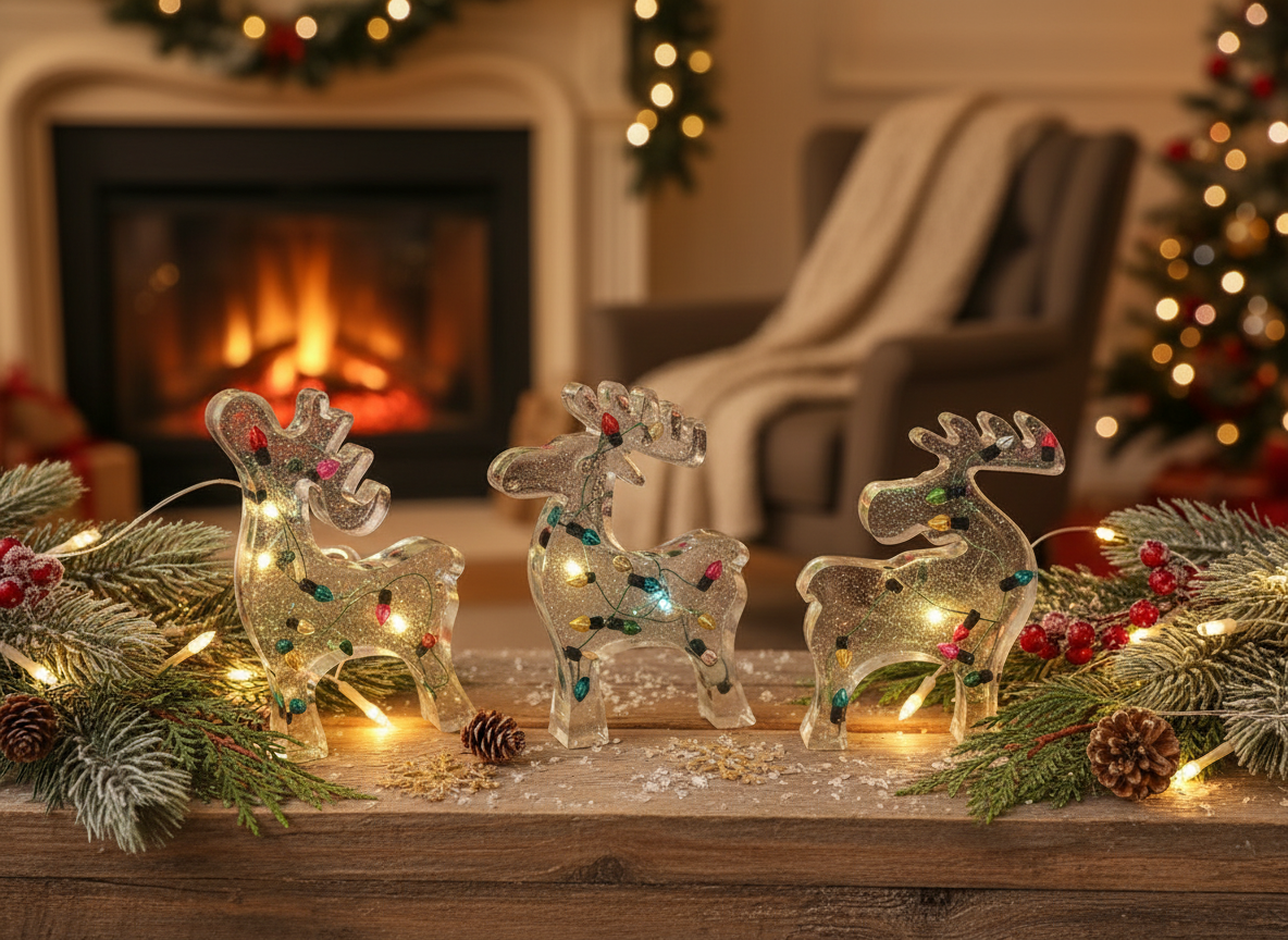 Resin Reindeer Ornaments Holiday Scene